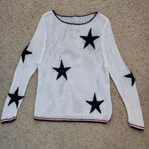 Crochet Open White Knit Blue Star Patchwork Long Sleeve Cover Up Top - Picture 5 of 8